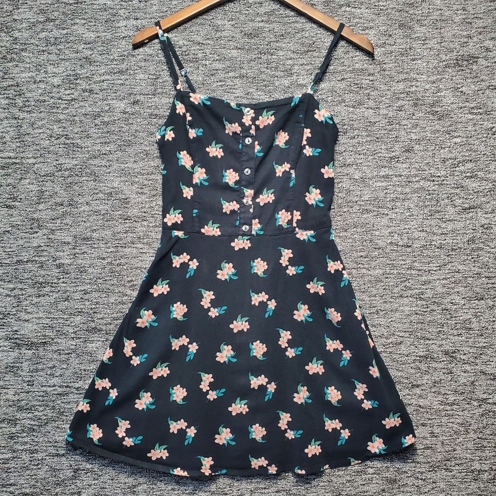 Hollister Floral Mini Dress Womens Medium Black Smocked‎ Button Front Skater Y2K
